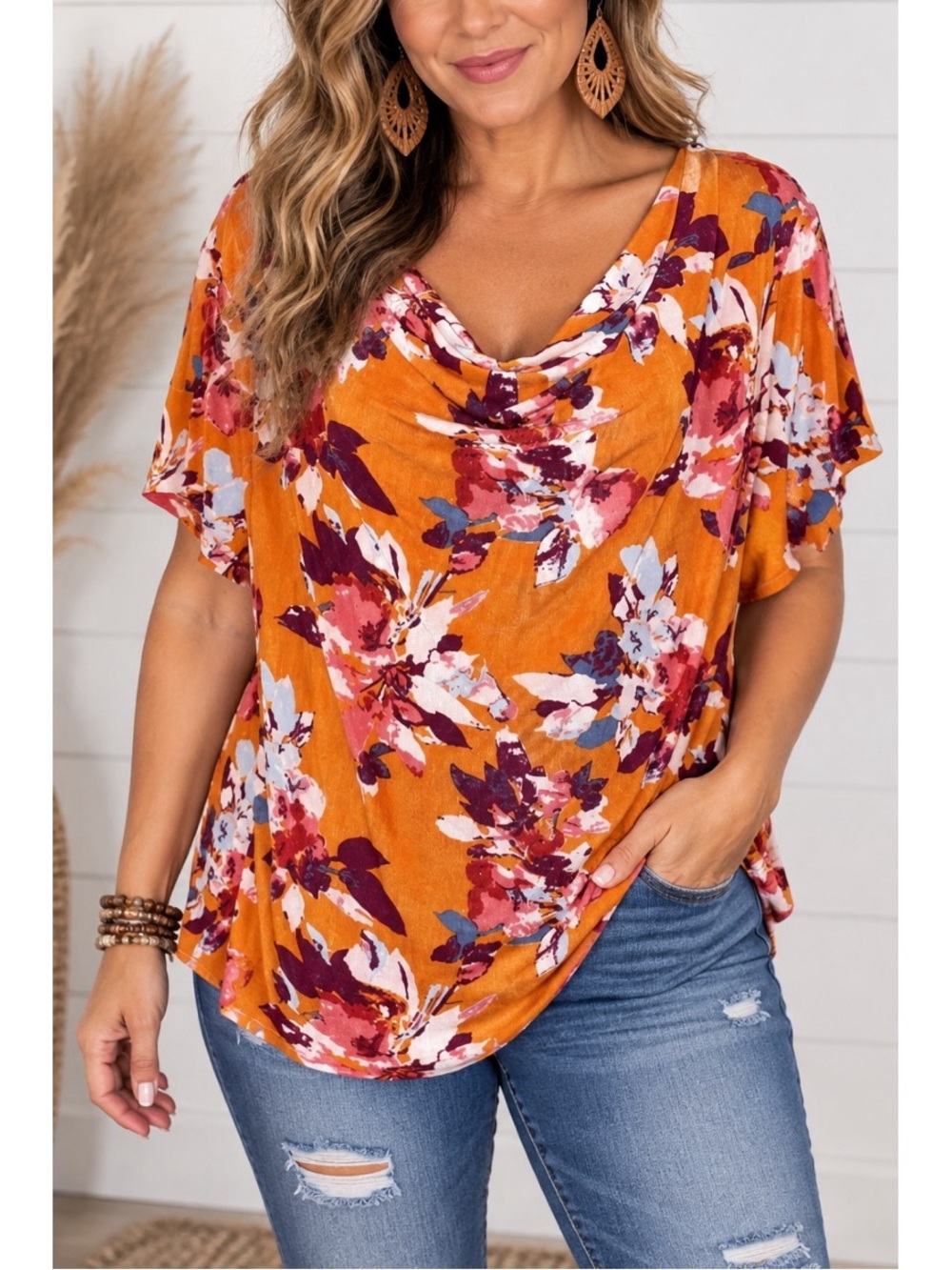 Jaclyn Smith Orange Floral Cowl Neck Top- Large